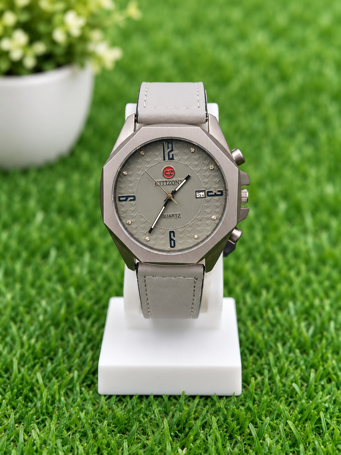 CITTZONE Octagonal Dial Quartz Watch – Grey Leather Strap