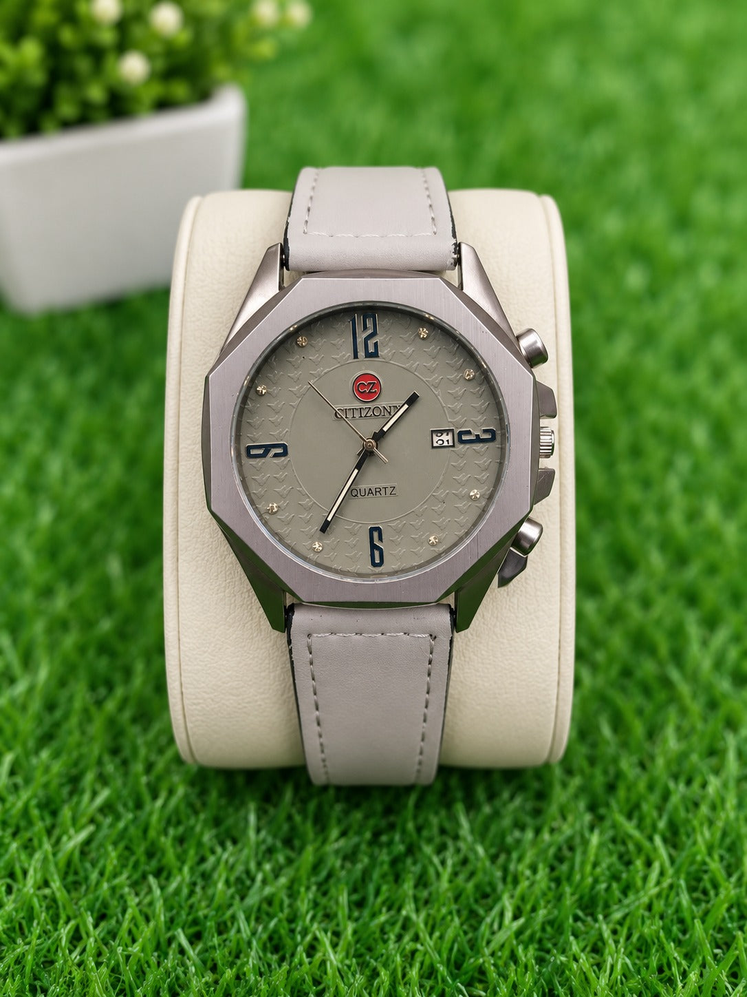CITTZONE Octagonal Dial Quartz Watch – Grey Leather Strap