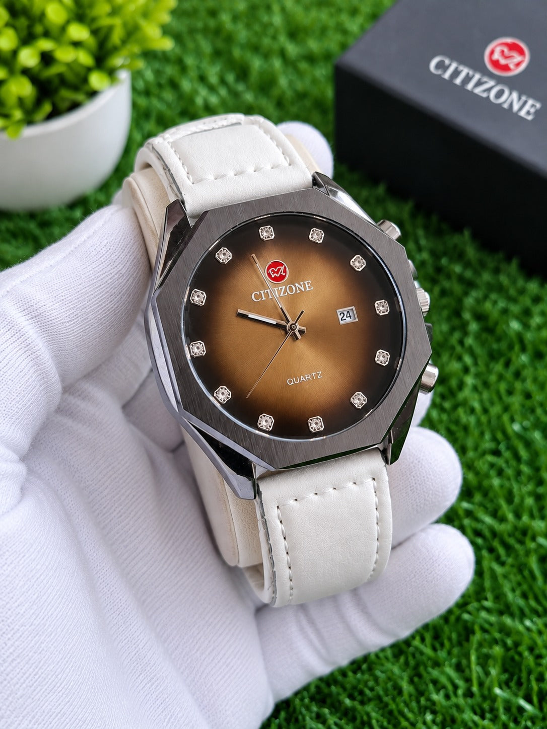 CITTZONE Sunburst Dial Watch – White Leather Strap