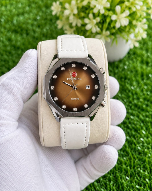 CITTZONE Sunburst Dial Watch – White Leather Strap